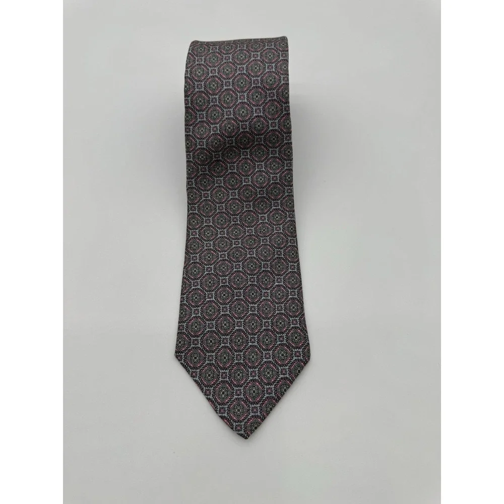 Barneys New‎ York Silk Tie Geometric Medallion Gray Pink Blue Made USA Classic